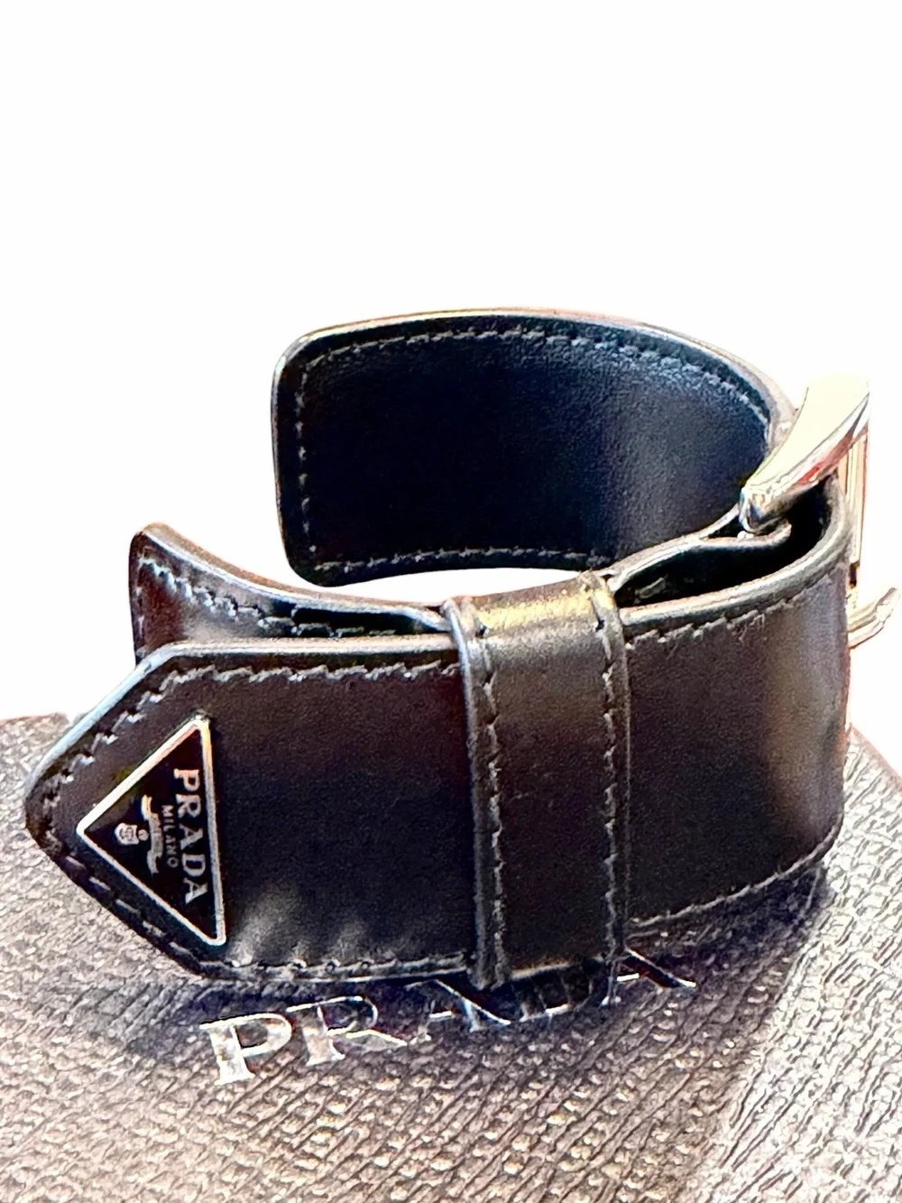 Prada Black Leather Bracelet with Silver-Tone Buckle